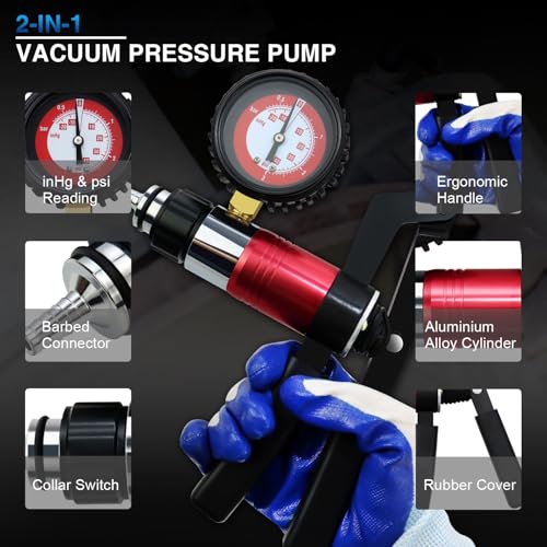 YSTOOL Hand Held Vacuum and Pressure Pump Brake Clutch Fluid Bleeder Tool Kit Oil Change Power Steering Fluid Bleeding Set with Pressure Gauge Jar Adapters for Auto Car Truck Motorcycle Use - color: Red