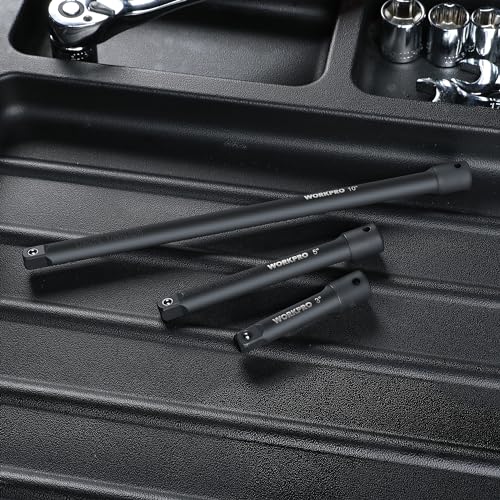 WORKPRO 3/8" Drive Impact Extension Bar Set, Socket Extensions | 3 PCS Socket Extensions, 3”, 5” and 10” Length, Premium Chrome Vanadium Steel with Black Phosphate Finish - style: 3/8" DR