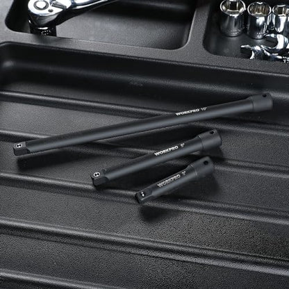 WORKPRO 3/8" Drive Impact Extension Bar Set, Socket Extensions | 3 PCS Socket Extensions, 3”, 5” and 10” Length, Premium Chrome Vanadium Steel with Black Phosphate Finish - style: 3/8" DR