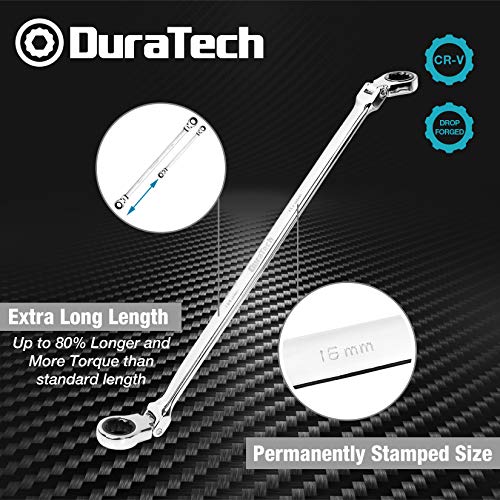 DURATECH Extra Long Flex-Head Ratcheting Wrench Set, Double Box End Wrench Set, 6-Piece, Metric 8-19 mm, CR-V Steel, with Pouch - size: 8-19mm