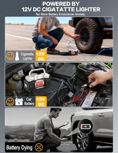 GSPSCN Heavy Duty Tire Inflator 12V Portable Toolbox Air Compressor Pump | with Tire Repair Kit,6X Faster Inflation Dual Cylinder Air Pump LED Light for Cars,SUV,Truck,Pickup,Balls,RV,Van,Camper