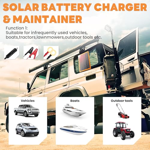 FieryRed 10W 12V Solar Panel Car Battery Charger & Maintainer, Waterproof Trickle Charger with Built-in Controller, Cig Plug, Alligator Clips, USB-C, USB-A Outputs for Car, Boat, RV, Tractor - size: 10W