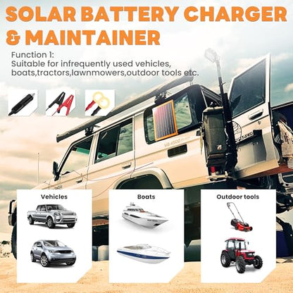 FieryRed 10W 12V Solar Panel Car Battery Charger & Maintainer, Waterproof Trickle Charger with Built-in Controller, Cig Plug, Alligator Clips, USB-C, USB-A Outputs for Car, Boat, RV, Tractor - size: 10W