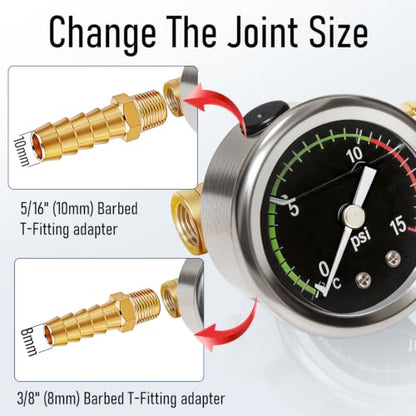 Fuel Pressure Gauge Kit, 0-15psi Glycerin Filled Fuel Pressure Gauge Kit, 1-1/2" Dial Size Fuel Pressure Gauge for Car, 1/8'' NPT Inline Fuel Pressure Gauge with 3/8'' 5/16'' Barb, Back Mount