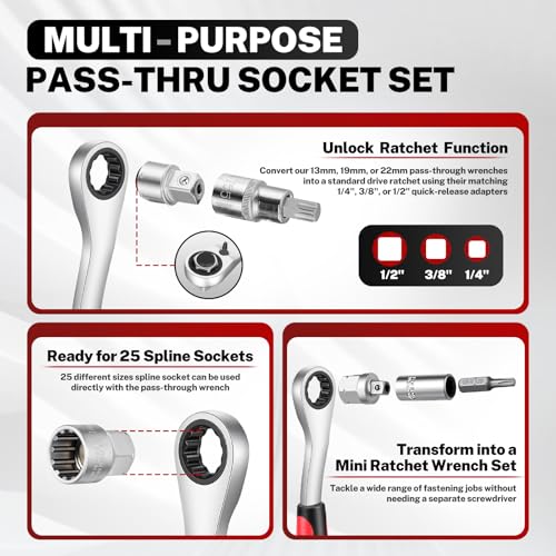 BILITOOLS 47 PCS Pass Through Socket Set with 1/4" & 3/8" & 1/2" Drive | Convertible Ratchet Wrenches (13/19/22mm), Spline Sockets and Bits, Pass Thru Go Through Mechanics Tools Set For Tight Spaces - style: 47-Piece Pass Through Socket Set