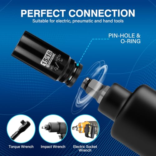 1/2" Drive x 15/16 Inch Deep 6PT CR-MO Impact Socket for Removing Axle nut | SAE Socket,6-Point Radius Corner Design,Two Size Markings,Square Chamfered Opening,For Removal of Axle Nut - size: 15/16 Inch, style: 1/2" Drive Deep Socket