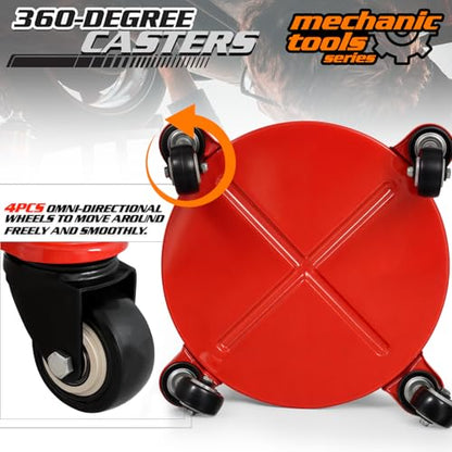 M-AUTO Rolling Workshop Mechanic Stool Creeper Seats with Tool Storage Drawers and Can Holders, 300LbS Garage Rolling Toolbox Stool with Wheels, Work Rolling Stools for Shop or Garage, Red