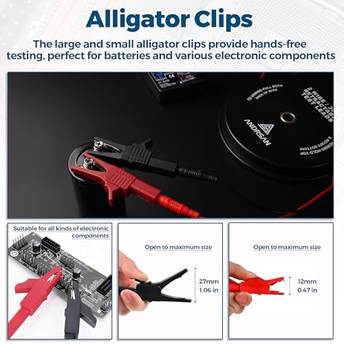 2 Wire 30 ft Retractable Test Leads with 4 mm Banana Plugs and Multimeter Test Leads Kit, Gold-Plated Test Probes, Alligator Clips, Test Hook Clips, Wire Piercing Back Probes and Spade Connectors