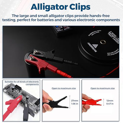2 Wire 30 ft Retractable Test Leads with 4 mm Banana Plugs and Multimeter Test Leads Kit, Gold-Plated Test Probes, Alligator Clips, Test Hook Clips, Wire Piercing Back Probes and Spade Connectors