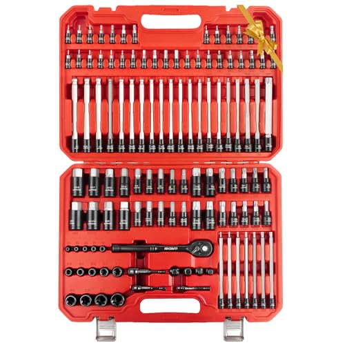 LLNDEI 115-Piece Torx & Allen Bit Socket Set, 1/4",3/8"and 1/2" Drive, Extra Long Torx//Tamper Proof Torx/Hex/Ball End Hex Socket Set, S2 Steel, SAE/Metric, with Ratchet Wrench & Adapters
