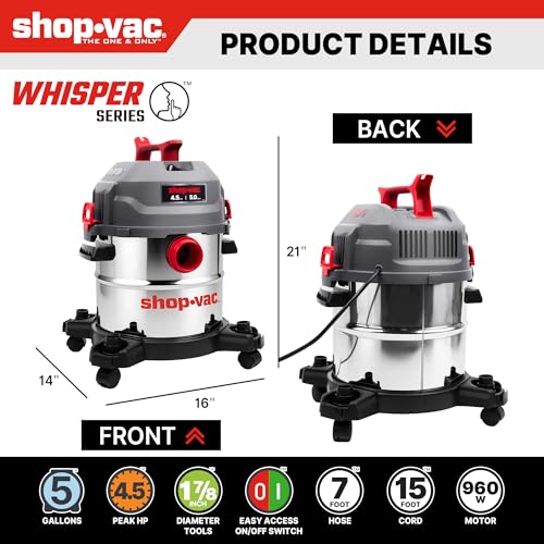 Shop-Vac 5 Gallon Ultra Quiet Shop Vacuum Wet and Dry, 4.5PHP Stainless Steel Tank Wet/Dry Vacuum with Attachments, 1-7/8 In x 7 Ft Hose, 15 Ft Cord, Ideal for Jobsite, Garage, Workshop & Home 5430542