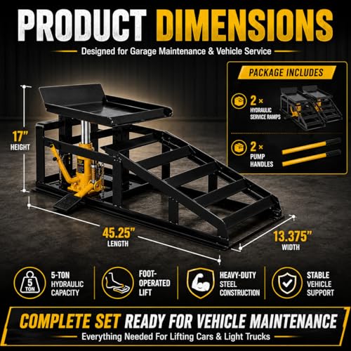 Car Ramps 2 Pack, Heavy Duty Steel Hydraulic High Lift Service Vehicle Ramps with Pedal, 5 Ton Low Profile Hydraulic Car Ramps with Support Jack for DIY Auto Beauty,Black - color: Black