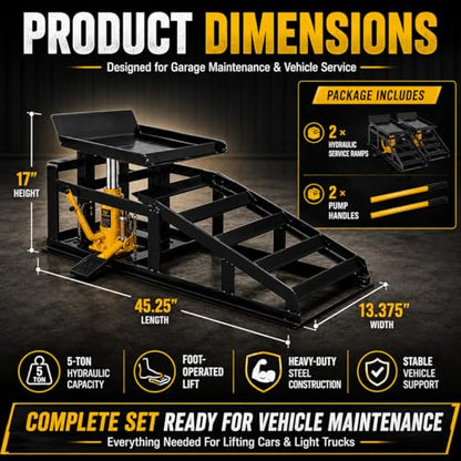 Car Ramps 2 Pack, Heavy Duty Steel Hydraulic High Lift Service Vehicle Ramps with Pedal, 5 Ton Low Profile Hydraulic Car Ramps with Support Jack for DIY Auto Beauty,Black - color: Black