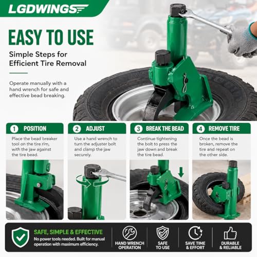 Tire Bead Breaker, Heavy Duty Manual Bead Buster Tool for Tire Removal, Adjustable Rim Clamp Tire Repair Kit for ATV, UTV, Tractor, Lawn Mower, Small & Large 38" to 42" Tires, with Gloves - color: GREEN
