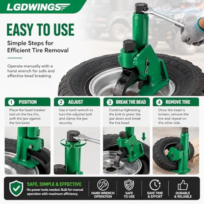 Tire Bead Breaker, Heavy Duty Manual Bead Buster Tool for Tire Removal, Adjustable Rim Clamp Tire Repair Kit for ATV, UTV, Tractor, Lawn Mower, Small & Large 38" to 42" Tires, with Gloves - color: GREEN