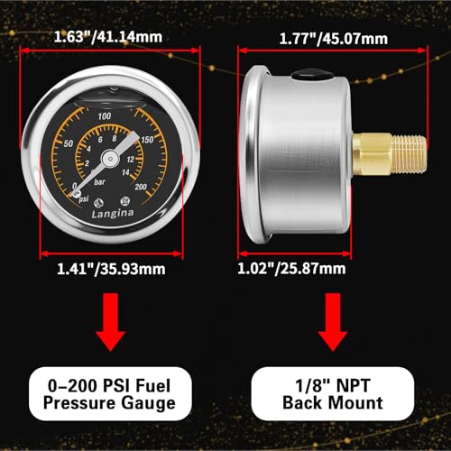 200psi Fuel Pressure Gauge Kit,3/8 "to 5/16" Dual Size Barb Fittings