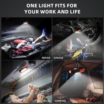 Magnetic Work Light Rechargeable, 400LM Mini LED Work Light with COB Dual Light Source, 5 Modes, USB-C Portable Flashlight with Magnets & Hook for Car Repair, Garage, Camping, Emergency (2 Pack)