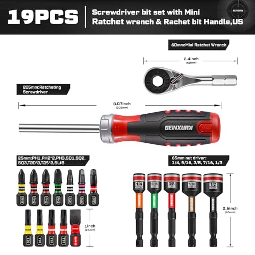 Geinxurn 19 Pieces Ratcheting Screwdriver Set and Socket Wrench Set, Mini Rachet Wrench, Rachet Screwdriver Handle and Nut Driver with 12 Pcs Impact Screwdriver Bit, Hand Tools Set for Repair DIY - style: RM019-B-US