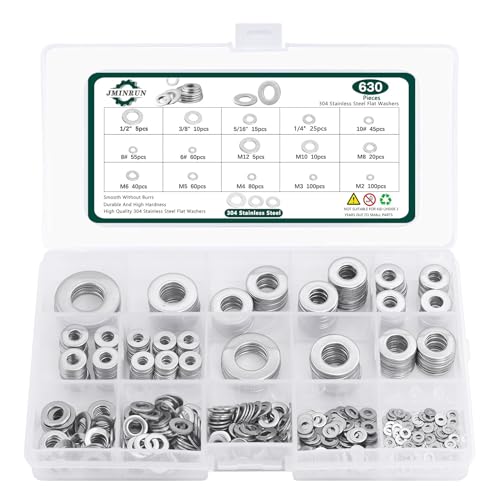 304 Stainless Steel Flat Washers Assortment Set - 630 Pcs SAE+Metric 15 Sizes Washers for Screws & Bolts (M2-M12, 6#-1/2) - color: Flat Washers - SAE + Metric - 630 Pcs