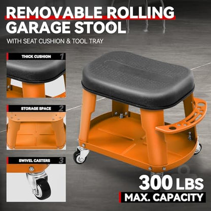 Auto Dynasty Mechanic Roller Stool, 300 LBS Capacity Rolling Creeper Garage Shop Seat with Tool Tray, Heavy Duty Mechanic Roll Repair Chair for Workshop Household Home Warehouse Office, Orange