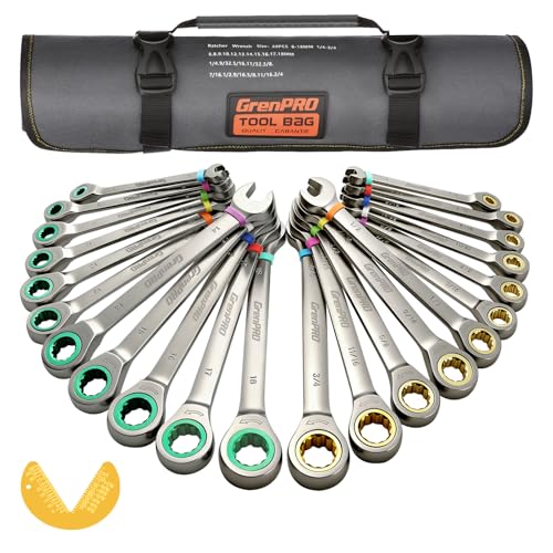 GRENPRO Ratcheting Wrench Set, Combination Wrench Set Metric And Standard & SAE With Color Ring, 1/4" to 3/4" & 6-18mm, 23PC Open End Ratchet Wrenches With Roll Up Pouch, CRV Socket Mechanic Tool Sets - style: 23PCS Ratcheting Wrench Set Metric&SAE With C