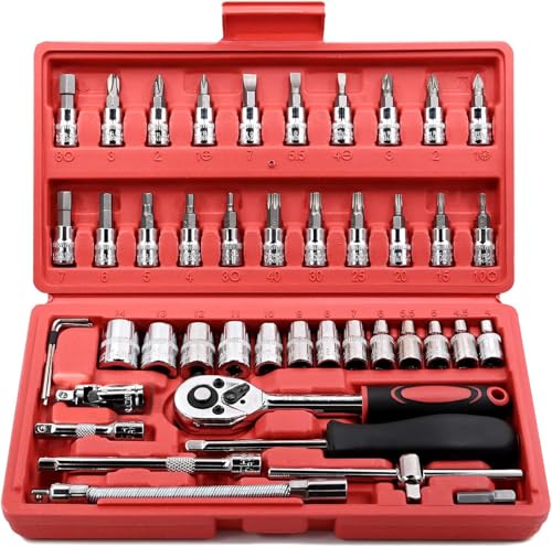 Egofine 46 Pieces 1/4 inch Drive Socket Ratchet Wrench Set, with Bit Socket Set Metric and Extension Bar for Auto Repairing and Household, with Storage Case - style: 1/4" 46 PCS