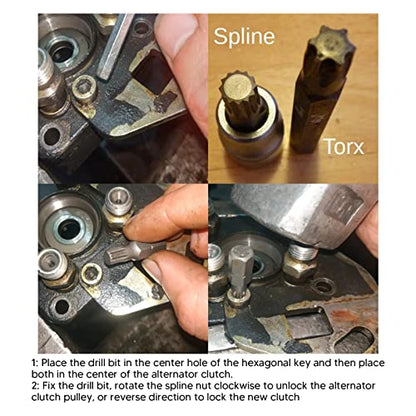 Alternator Pulley Tool, Alternator Pulley Socket Drill Bit Kit Alternator Pulley Wrench Kit 33 Teeth Spline Socket Drill Bit Puller Remover Tool Replacement for Alternators