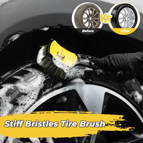 Wheel and Tire Brush Detailing Kit, Yellow | Soft Rim Brush & Stiff Tire Brush, Silicone Bumper Guard, Non-Slip Ergonomic Handle, For Alloy Wheels, Fenders, Mats - color: black yellow