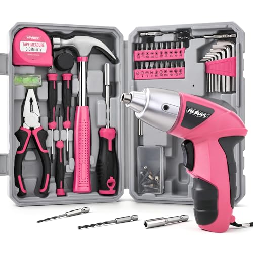 Hi-Spec 4V Electric Ladies Screwdriver Tool Kit Set. Cordless USB Rechargeable Screwdriver with Home Repair Tools. 42pc Compact Portable Case, DIY Kit for Women and the Household - Pink - color: Pink