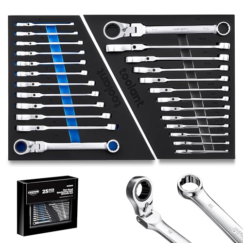 toolant 25pcs Ratcheting Wrench Set, Reversible Flex Head & Offset Head Double Box-End Ratcheting Wrench Set, 8-19mm & 1/4"-7/8" Set, 90-Teeth and 4° Swing, with Storage Tray - size: 25PCS 8-19mm & 1/4-7/8"
