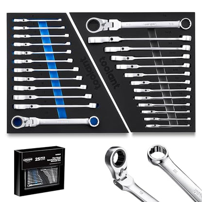 toolant 25pcs Ratcheting Wrench Set, Reversible Flex Head & Offset Head Double Box-End Ratcheting Wrench Set, 8-19mm & 1/4"-7/8" Set, 90-Teeth and 4° Swing, with Storage Tray - size: 25PCS 8-19mm & 1/4-7/8"