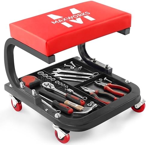 MaxWorks Mechanics Roller Seat - Heavy Duty 250 lb Capacity Rolling Creeper Stool with Padded Seat & 3-Section Tool Tray for Garage & Auto Repair (50875) - style: Rolling Seat Creeper
