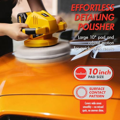 Wagan EL6404 OneVolt Cordless Polisher 10 XL Dual Action 10 Inch Buffer Kit with Dual-Handle, 6 Variable Speed 1500–3000 RPM, Includes 21V 3.0Ah Rechargeable Battery for Car Waxing and Detailing