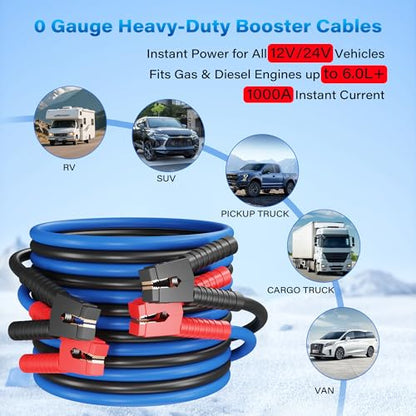 HiFind 0 Gauge Jumper Cables 20 FT for Car Battery, 0 AWG Heavy Duty Long Automotive Booster Wire, 1000Amp Emergency Starting Cable for Cars SUV Truck Vans RV with Alligator Clamps, Carrying Strap - size: 20FT, style: 0 Gauge