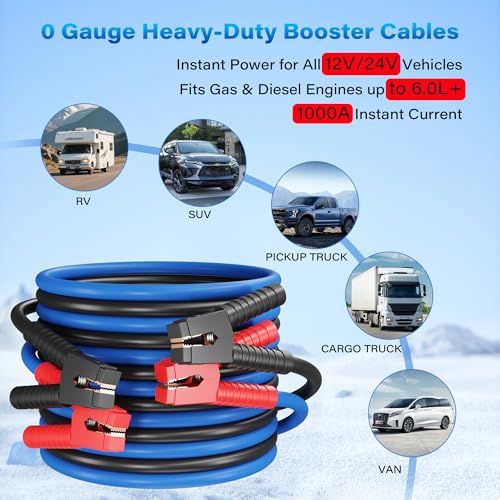 HiFind 0 Gauge Jumper Cables 25 FT for Car Battery, 0 AWG Heavy Duty Long Automotive Booster Wire, 1000Amp Emergency Starting Cable for Cars SUV Truck Vans RV with Alligator Clamps, Carrying Strap - size: 25FT, style: 0 Gauge
