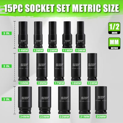 SUNHZMCKP 1/2" Socket Set, 21pcs Drive Deep Impact Socket Set, 6 Point Standard Metric Sockets (10mm - 24mm), Including 3 ", 6", 10" Impact Extension Bar and Drill Socket Adapter, Cr-MO - size: 21-Pc 1/2" Drive Metric Socket Set