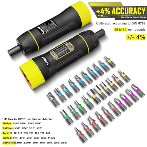 Torque Screwdriver Set, 10-80 Inch Pounds lbs, 31 Piece 1/4" Drive Torque Screwdriver Wrench with S2 Steel Bits for Bicycle Mechanics, Mechanical Equipment, and Mounting - size: 10-80 in.-lb. Standard