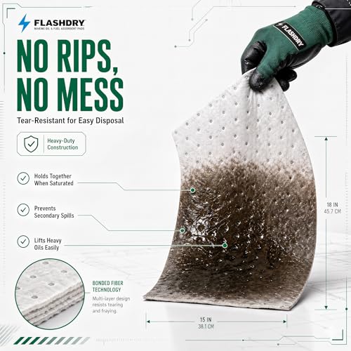 FLASHDRY Marine Oil Spill Absorbent Pads, 100-Count Oil Control Pads, 17.5" x 13.5" - Fuel, Diesel & Bilge Water Cleanup, Water-Repellent, Eco-Friendly, Tear-Resistant Hydrocarbon Absorption - size: 100 Pads - 2mm