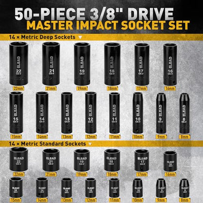 3/8" Drive Impact Socket Set - 50-Piece SAE (5/16" to 3/4") & Metric (8-22mm) Socket Wrench Set, 6-Point CR-V Steel Deep & Shallow Sockets with Ratchet Handle, Universal Joint, Extension Bar, Adapter - style: 3/8'' Drive Impact Socket Set