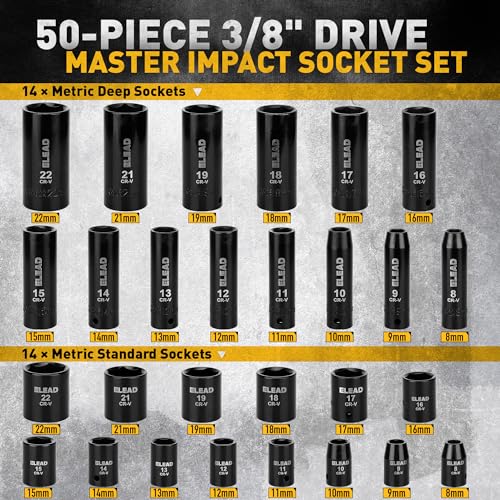 3/8" Drive Impact Socket Set - 50-Piece SAE (5/16" to 3/4") & Metric (8-22mm) Socket Wrench Set, 6-Point CR-V Steel Deep & Shallow Sockets with Ratchet Handle, Universal Joint, Extension Bar, Adapter - style: 3/8'' Drive Impact Socket Set