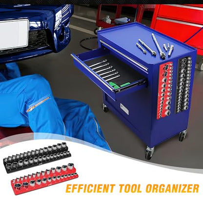 GOOACC 3/8" Magnetic Socket Organizer, 2 Pieces Metric & SAE Socket Drive Holders 3/8 inch Socket Organizer Tray Holds 56 Standard Sockets for Toolboxes - size: 2PCS 3/8" SAE & Metric Red Black