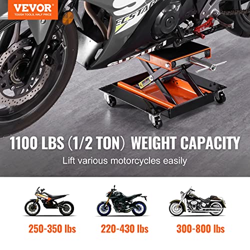 VEVOR Motorcycle Lift 1100lbs ATV Scissor Lift Jack with Dolly & Hand Crank | Garage Repair Center Hoist Crank Stand with Wide Deck and Tool Tray for Street Bikes, Cruiser Bikes, Touring Motorcycles | Garage Repair Center Hoist Crank Stand with Wide Deck