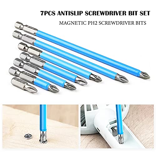 Magnetic Screwdriver Bit Set 7pcs Anti Slip Screwdriver Bits Set 1/4 Inch Hex Shank S2 Steel Phillips Cross Slot PH2 Screwdriver Bits Mixed Length(25MM/50MM/65MM/70MM/90MM/127MM/150MM) - color: Ph2-mixed Length(7 Pcs)