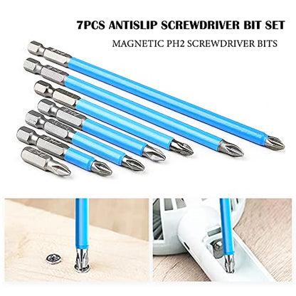 Magnetic Screwdriver Bit Set 7pcs Anti Slip Screwdriver Bits Set 1/4 Inch Hex Shank S2 Steel Phillips Cross Slot PH2 Screwdriver Bits Mixed Length(25MM/50MM/65MM/70MM/90MM/127MM/150MM) - color: Ph2-mixed Length(7 Pcs)