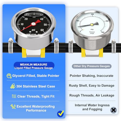 MEANLIN MEASURE 0-60Psi Stainless Steel Glycerin Filled Pressure Gauge 1/8" NPT 1.5" Black Dial, with 3/8" Barb Pressure Adapter Liquid Filled Pressure Gauge (9Pieces Kit, Back Mount) - size: 0-60Psi (Black Dial)