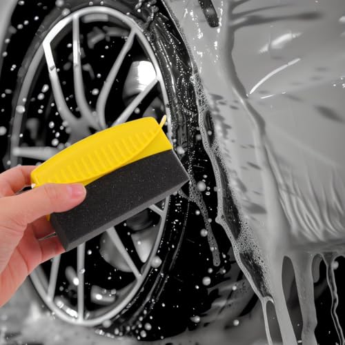 Amosfun 2pcs Car Wheel Cleaning Brush Set with Lid, Portable Plastic and Sponge Applicators for Tires and Car Paint Surfaces, Enhancing Water and Dirt Resistance for Auto Detailing