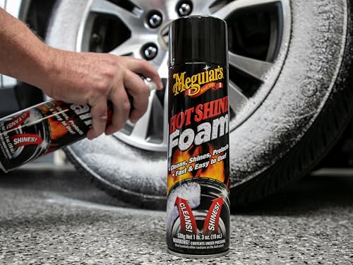 Meguiar's Hot Shine Tire Foam - High Goss Tire Shine that Cleans, Shines, and Protects in One, Deep, Black Shine with Conditioners and UV Protection to Help Keep Tires Looking Like New, 19 Oz Aerosol - size: 1-pack