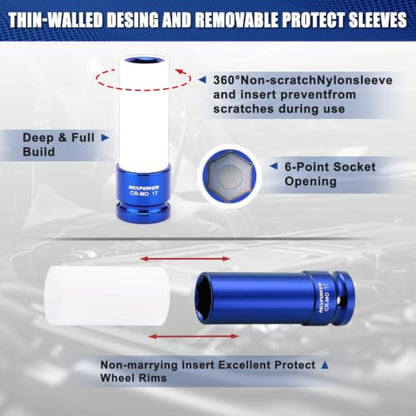 1/2" Drive Wheel Protector Impact Socket, 7pcs Thin Wall Deep Impact Socket Set, Durable Plastic Sleeve Lug Nut Socket, 6 Point, Metric, Color-Coded, 17mm, 19mm, 21mm, 22mm, 23mm, 24mm,27mm - size: 17 mm, 19 mm, 21 mm, 22 mm, 23 mm, 24 mm, 27 mm