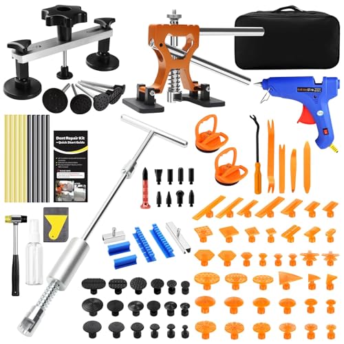 Professional Paintless Dent Repair Kit,Dent Puller Kit with Golden Lifter, Bridge Puller, Slide Hammer T-Bar, Suction Cup for Car Auto Body Hail Damage or Door Ding Removal - size: PDR tools-A1