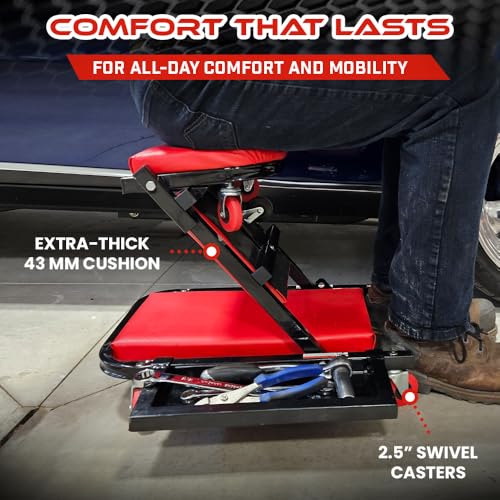 40" Mechanics Creeper Z fold with Side Tool Tray, 3 in 1 Low Profile,7pc-2.5" (360°) Swivel castors, Heavy Duty 450lb Laying Capacity 300lbs Seated, Home and Garage,